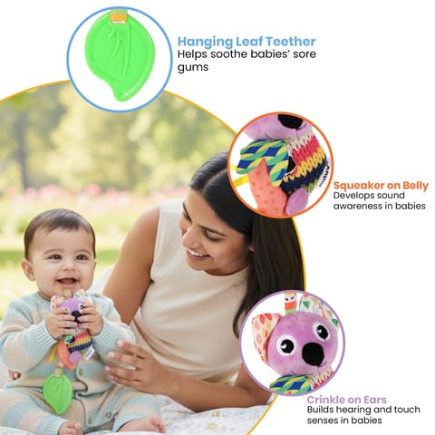 Nuluv Activity Koala Stroller Toy with Teether, Squeaker and Crinkle Ears, Soft Sensory Plush Toy for Playtime Fun, Lightweight and Portable, Non-Toxic Travel-Friendly, for Kids 3+ Months