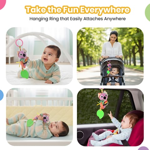 Nuluv Activity Koala Stroller Toy with Teether, Squeaker and Crinkle Ears, Soft Sensory Plush Toy for Playtime Fun, Lightweight and Portable, Non-Toxic Travel-Friendly, for Kids 3+ Months