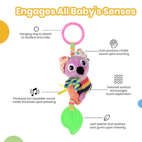 Nuluv Activity Koala Stroller Toy with Teether, Squeaker and Crinkle Ears, Soft Sensory Plush Toy for Playtime Fun, Lightweight and Portable, Non-Toxic Travel-Friendly, for Kids 3+ Months