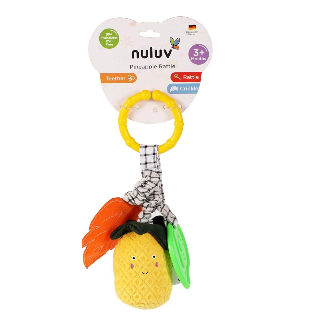 Nuluv Pineapple Baby Rattle Toy with Teething Leaf and Crinkle Sound, Soft Plush Developmental Toy for Sensory Play, Lightweight and Portable, Non-Toxic, BPA-Free, Travel-Friendly, for Kids 3+ Months