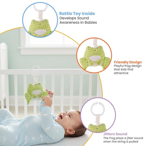 Nuluv Activity Frog Rattle, 2-in-1 Jitter and Rattle Toy for Babies, BPA-Free, Soft Plush, Sensory Development Hanging Toy for Crib, Stroller and Car Seat, for Babies 3+ Months