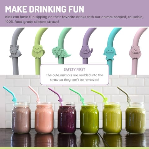 Silicone Animal Straws - Set Of 6 With Cleaning Brush