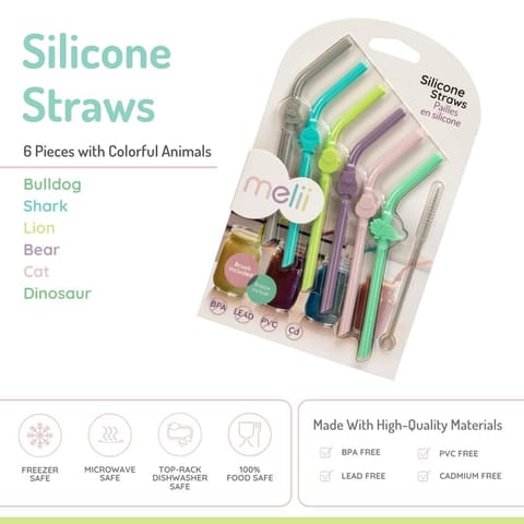 Silicone Animal Straws - Set Of 6 With Cleaning Brush