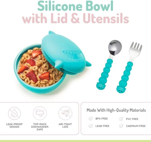 Silicone Bowl With Lid And Utensils - Shark