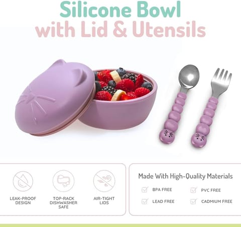 Silicone Bowl With Lid And Utensils - Cat