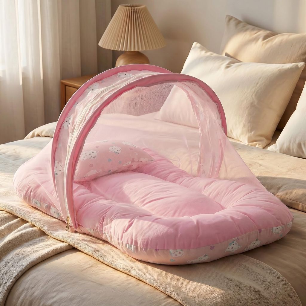 BAYBEE Muslin Cotton Baby Bedding Set for New Born with Mosquito Net, Portable Sleeping Nest, Premium Soft Mattress & Pillow, Travel Bed for Boys Girls (Pink)