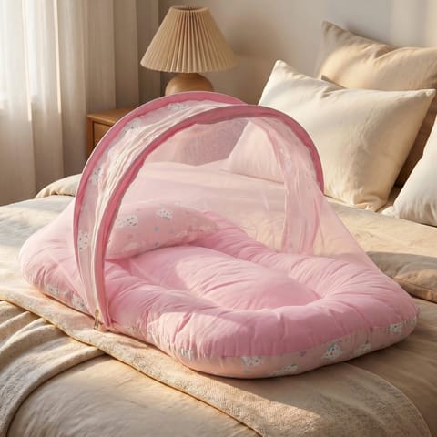 BAYBEE Muslin Cotton Baby Bedding Set for New Born with Mosquito Net, Portable Sleeping Nest, Premium Soft Mattress & Pillow, Travel Bed for Boys Girls (Pink)