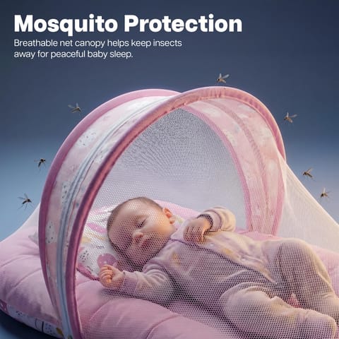 BAYBEE Muslin Cotton Baby Bedding Set for New Born with Mosquito Net, Portable Sleeping Nest, Premium Soft Mattress & Pillow, Travel Bed for Boys Girls (Pink)
