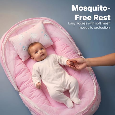 BAYBEE Muslin Cotton Baby Bedding Set for New Born with Mosquito Net, Portable Sleeping Nest, Premium Soft Mattress & Pillow, Travel Bed for Boys Girls (Pink)