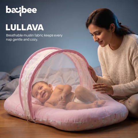 BAYBEE Muslin Cotton Baby Bedding Set for New Born with Mosquito Net, Portable Sleeping Nest, Premium Soft Mattress & Pillow, Travel Bed for Boys Girls (Pink)