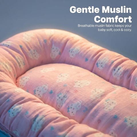 BAYBEE Muslin Cotton Baby Bedding Set for New Born with Mosquito Net, Portable Sleeping Nest, Premium Soft Mattress & Pillow, Travel Bed for Boys Girls (Pink)