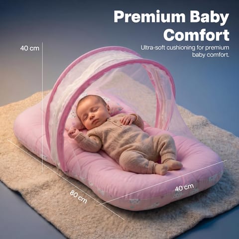 BAYBEE Muslin Cotton Baby Bedding Set for New Born with Mosquito Net, Portable Sleeping Nest, Premium Soft Mattress & Pillow, Travel Bed for Boys Girls (Pink)