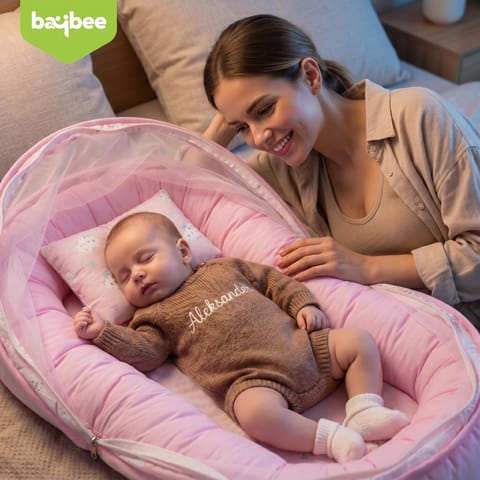 BAYBEE Muslin Cotton Baby Bedding Set for New Born with Mosquito Net, Portable Sleeping Nest, Premium Soft Mattress & Pillow, Travel Bed for Boys Girls (Pink)