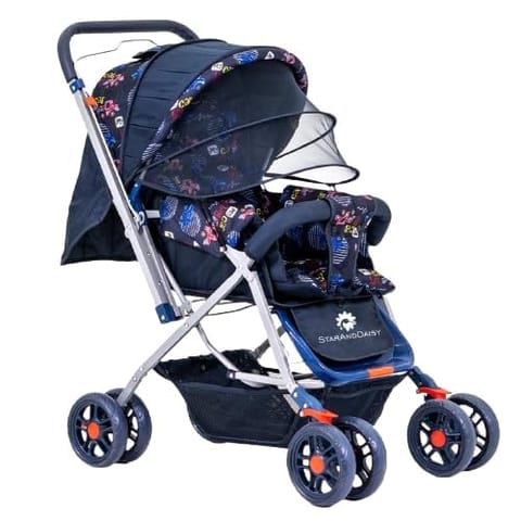StarAndDaisy Sunrise Baby Stroller for 0-5 Years - Lightweight Foldable Pram with 3-Point Safety Harness, Adjustable Backrest, 360° Swivel Wheel, Reversible Handlebar, Extended Mosquito Net (Beta)