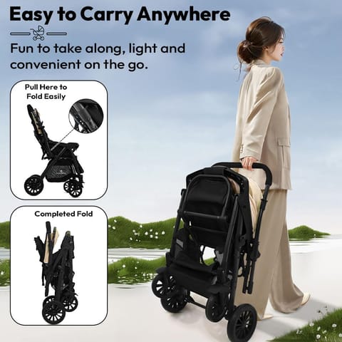 StarAndDaisy Foldable Baby Stroller for 0-3 Years Infant & Toddler / Travel Pram for Baby with Storage basket & Lockable Wheels, Multi-Level Recline & Adjustable Footrest, Removable Tray , Safety Harness Belt -Pink