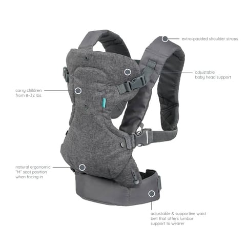 Infantino Flip 4-in-1 Convertible Carrier with Adjustable Ergonomic seat, Head Support, Shoulder Straps, and Waist Belt, 4 Ways to Carry, Can Carry (3.6-14.5 Kgs)… (Grey)