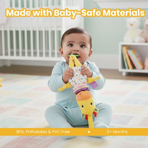 Nuluv Jittery Musical Moo Baby Stroller Toy, Vibrating Soft Plush Toy with Teether and Gentle Music, Hanging Crib Toy, Non-Toxic, BPA-Free, Travel-Friendly, for Kids 3+ Months