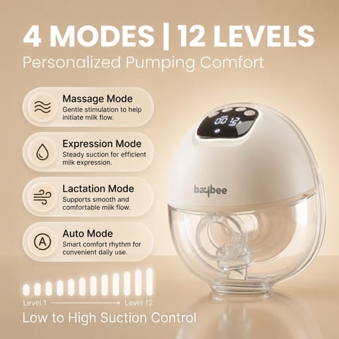 BAYBEE Elora Pro Electric Wearable Breast Pump for Mothers | Hands-Free BPA-Free Breast Milk Pump | 4 Smart Modes, 12 Suction Levels | 180ml Capacity | USB-C Fast Charging | Auto Shut-Off | Beige